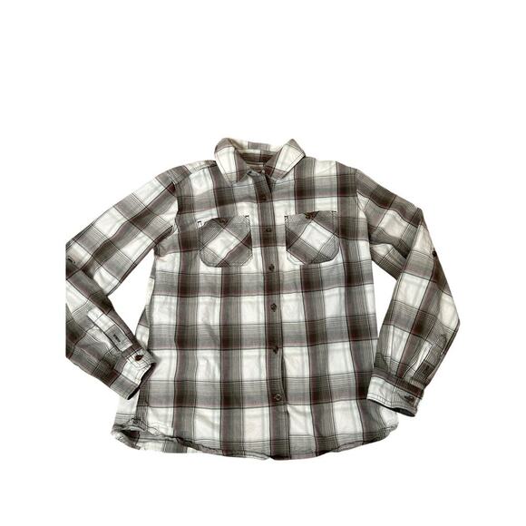 Carhartt women's button down plaid western cowgirl Rodeo cream/brown SZ SM 4/6 - Picture 2 of 8